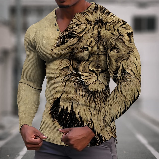  Graphic Animal Lion Fashion Designer Casual Men's 3D Print Henley Shirt Waffle T Shirt Sports Outdoor Holiday Festival T shirt Blue Green Khaki Long Sleeve Henley Shirt Spring &  Fall Clothing Apparel