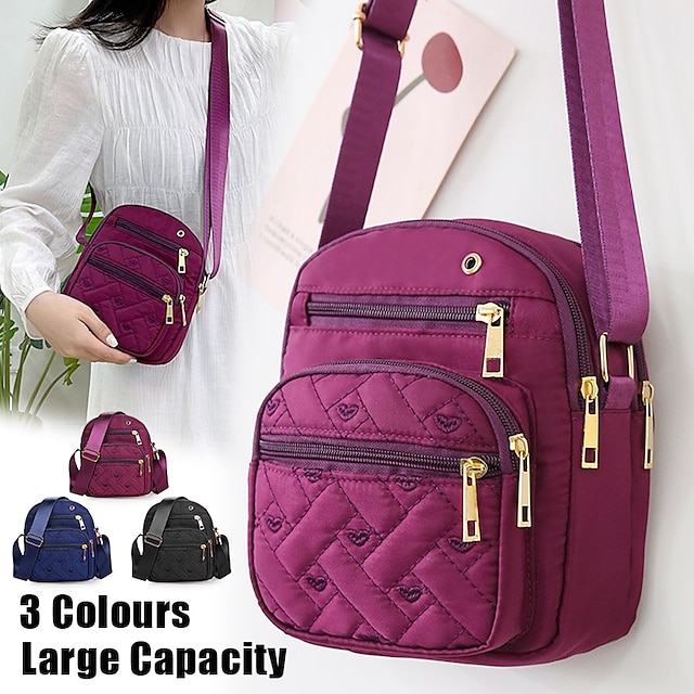  Women's Crossbody Bag Shoulder Bag Dome Bag Nylon Outdoor Daily Travel Zipper Large Capacity Lightweight Durable Solid Color Embroidery Quilted 204 five pockets purple 204 five pockets black 204 five