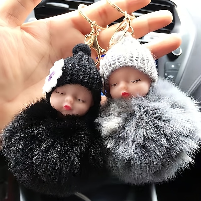  Cute PomPom Sleeping Baby Doll Car Key Chain Creative Car Keychain Car Key Ring Bag Pendant