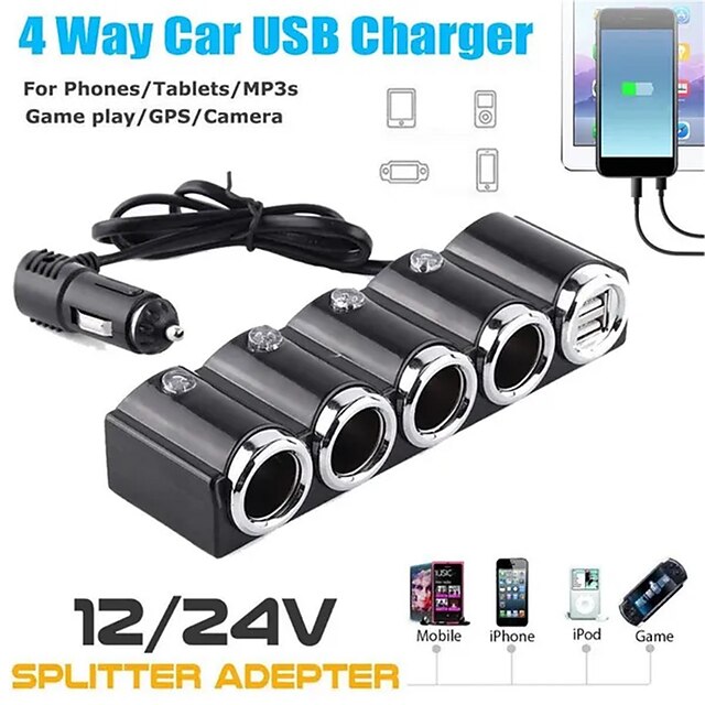  Multi-fonction 4 voies 12 v-24 v voiture allume-cigare séparateur multi prise double prise usb chargeur