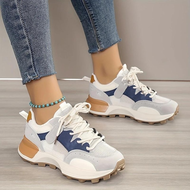  Women's Sneakers Platform Sneakers Outdoor Daily Color Block Summer Flat Heel Round Toe Fashion Sporty Casual Walking PU Lace-up Orange Beige