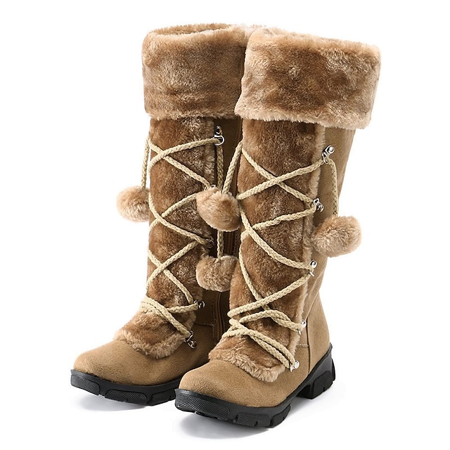  bottes d'hiver noires en fausse fourrure pour femmes avec lacets à pompon - conception chaude et isolée, hauteur genou, semelles antidérapantes pour le temps froid et les jours de neige