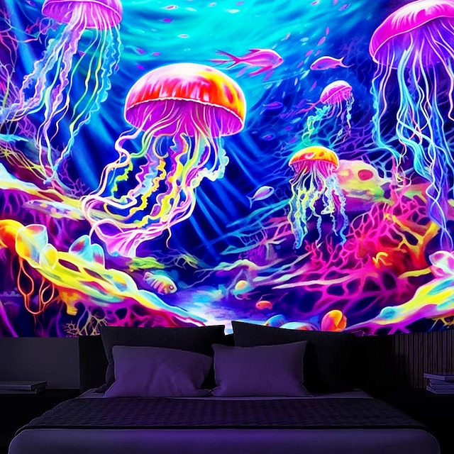  Tapisserie à lumière noire méduses, réactive aux UV, lueur dans le noir, paysage naturel sous-marin, tapisserie murale suspendue pour salon, chambre à coucher