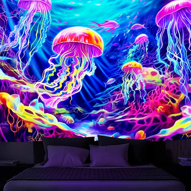 Blacklight Tapestry UV Reactive Glow in the Dark Glow Party Neon Jellyfish Undersea Psychedelic Trippy Misty Hanging Tapestry Wall Art Mural for Living Room Bedroom 11