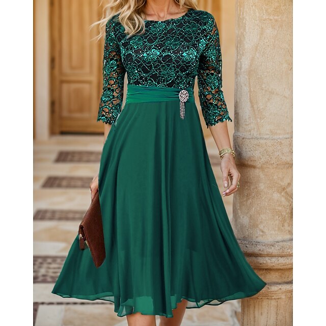 Women's Green Christmas Dress Party Dress Lace Dress CHiffon Dress Cocktail Dress Green 3/4