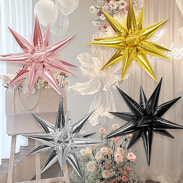  12pcs Star Balloons - 14 Corner Siamese Explosion Star Foil Balloons - 22-inch 3D Starburst Mylar Gold Balloons for Party Balloon Decorations