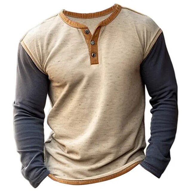 Men's Button T Shirt T Shirt Henley Shirt Tee Top Long Sleeve Henley Spring &  Fall Color Block Fashion Designer Basic Patchwork Vacation Street Going out khaki Top Tee for Men4