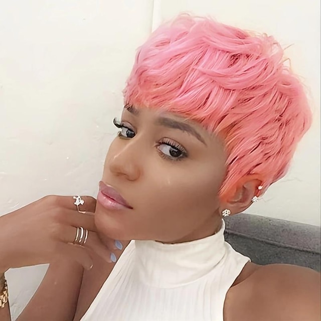  Short Human Hair Pixie Wigs Pixie Cut Short Pink Wavy Wigs Layered Short Synthetic Hair Wigs For Women