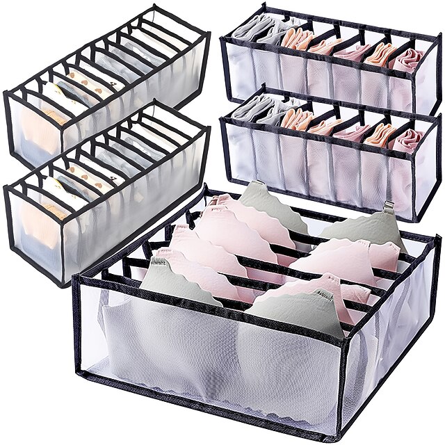  5er-Pack faltbarer Nylon-BH-Organizer – Schrank-Schubladenteiler für Damenunterwäsche, Socken und Krawatten – inklusive 6/7/7/11/11 Zellen – Schwarz
