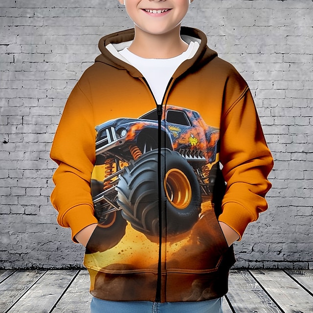  Jungen 3D Auto Kapuzenshirt Mantel Oberbekleidung Langarm 3D-Druck Herbst Winter Modisch Strassenmode Cool kinderkleidung 3-12 Jahre Outdoor Casual Täglich Regular Fit