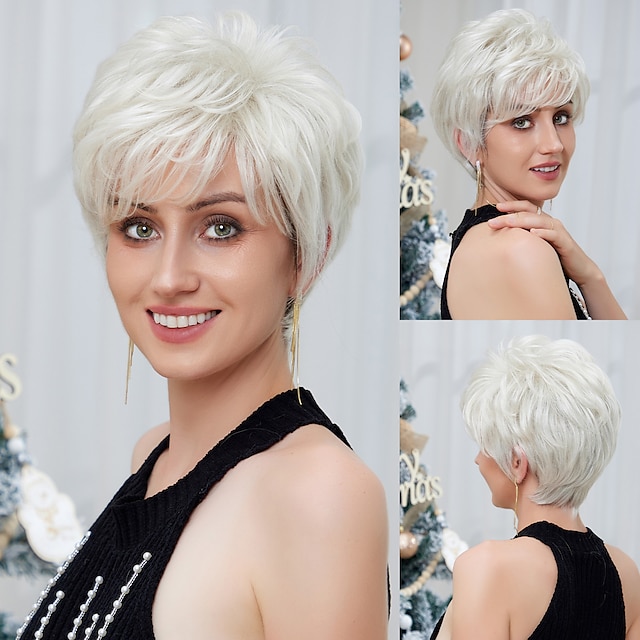  Human Hair Blend Wig Short Curly kinky Straight Pixie Cut Side Part Layered Haircut Asymmetrical Silver Cosplay Curler & straightener Natural Hairline Capless Brazilian Hair Women's All Sliver White
