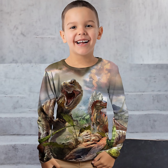  3D-Dinosaurier-T-Shirt für Jungen, langärmelig, 3D-Druck, Herbst, Winter, Sport, Mode, Streetwear, Polyester, Kinder, 3–12 Jahre, Rundhalsausschnitt, Outdoor, lässig, täglich, normale Passform
