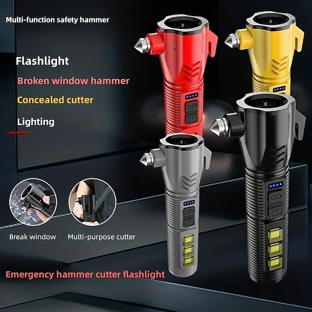  Multifunctional Strong Light Flashlight Emergency Survival Car Safety Hammer USB Rechargeable Flashlight with Cutter Function