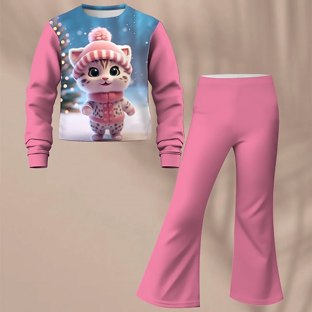  Pige 3D Kat Sæt Sweatshirt & Flare bukser sæt Pink Langærmet 3D-udskrivning Efterår Vinter Aktiv Mode Daglig Polyester Børn 3-12 år Rund hals udendørs Stævnemøde Ferierejse Regulær