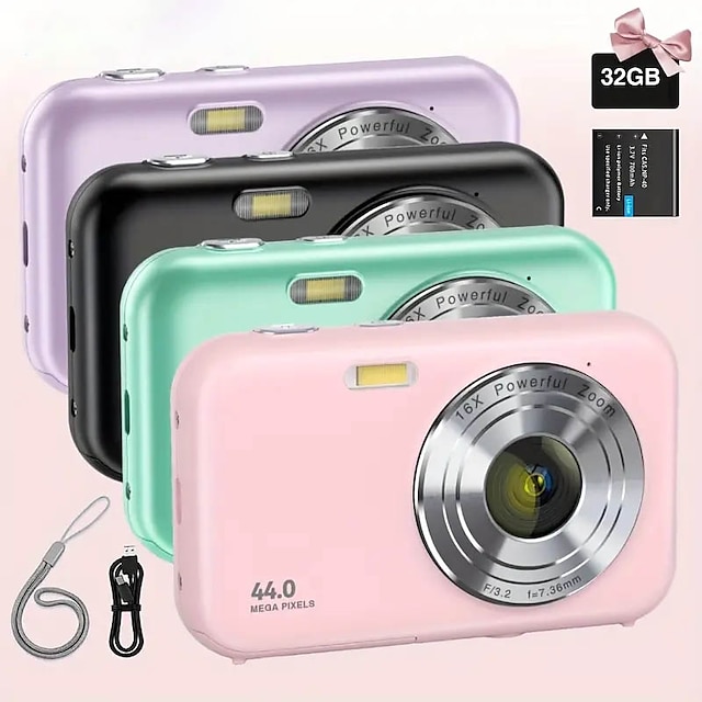  44MP 1080P HD Digital Camera 16X Digital Zoom Cameras For Vlogging 2.4 '' IPS Screen Rechargeable Camera Photography Professional Camera For Teenagers And Beginners