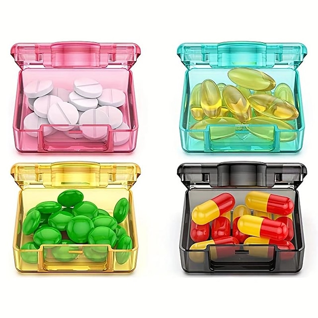  4st små pilleraskar, mini genomskinlig plastförvaringslåda, bekväm att bära pillerförvaringslåda, kompakt och bekväm för resor