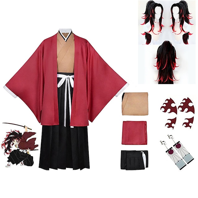  inspireret af demon slayer: kimetsu no yaiba yoriichi tsugikuni anime cosplay kostumer japansk halloween cosplay jakkesæt kimono top bukser øreringe til mænd kvinder med paryk