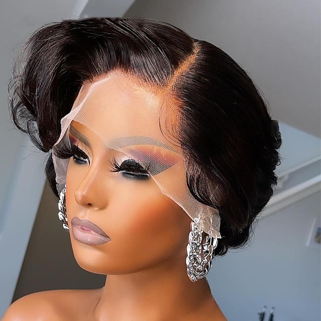  ludzki włos 13x4 koronkowa peruka fryzura pixie fala bob przezroczysta koronka przodu peruki z ludzkich włosów brazylijska koronka przodu peruki dla kobiet część boczna krótka peruka z kręconymi