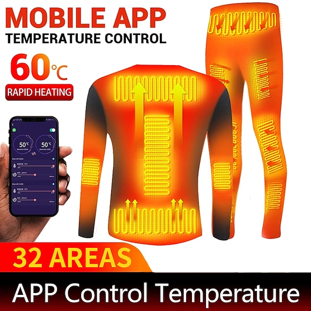  32 Areas Men Women Self Heated Underwear Heating Thermal Shirt Suit Winter Moto Heating Jacket Phone APP Control Temperature USB Thermal Underwear Clothing