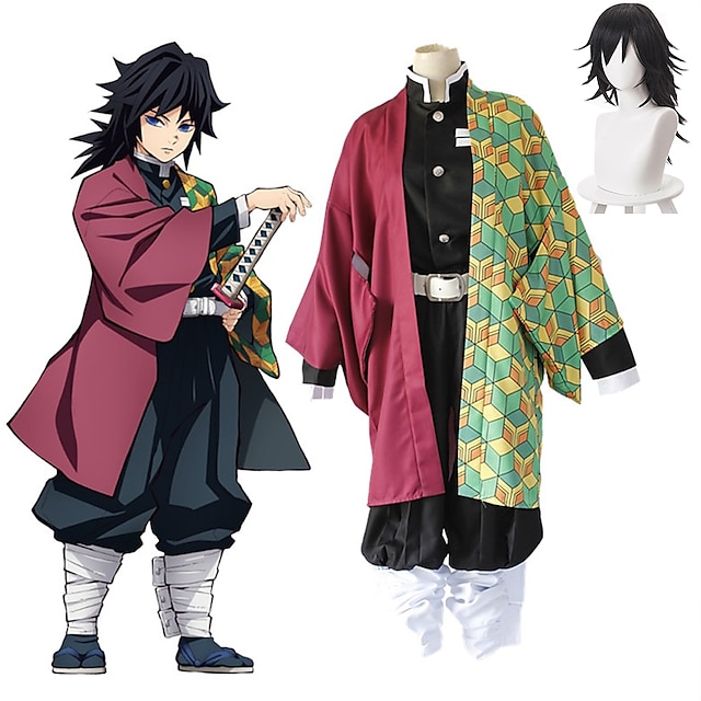  inspirado em demon slayer: kimetsu no yaiba tomioka giyuu anime cosplay trajes cosplay japonês ternos acessórios acessórios cosplay calças superiores manto com peruca
