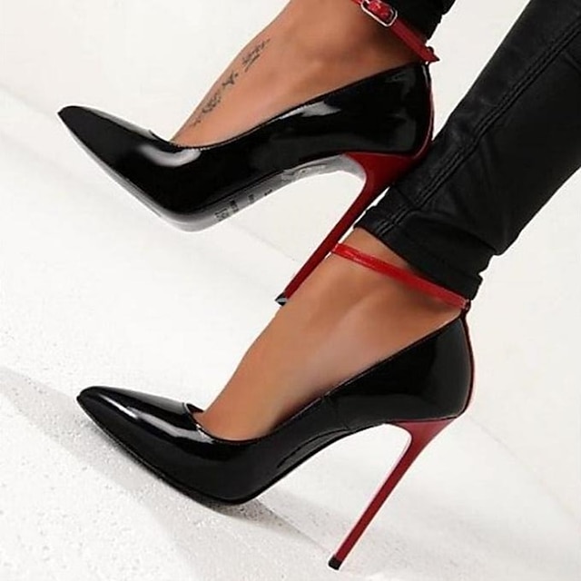  נעלי עקב לנשים נעלי עקב עקבים גבוהים עקבים גבוהים רצועת קרסול עקבים צד סטילטו מחודדת אלגנטי סקסי ג'ינס אבזם עור פטנט כחול עקבים שחורים