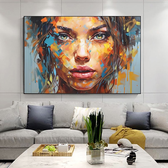  met de hand geschilderd prachtig abstract figuratief schilderij van een vrouw in kleurrijke tinten met geometrisch patroon, levendige moderne kunst, thuismuurdecoratie zonder frame