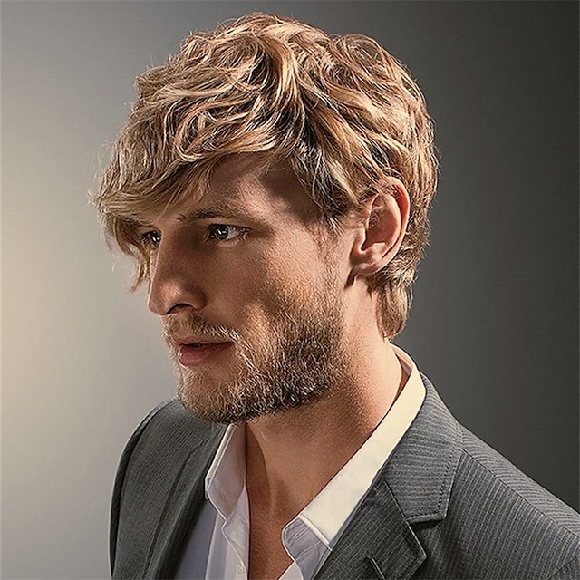  Curly Blonde Short Wigs for Men Fluffy Natural Layered Synthetic Blonde Wig Halloween Cosplay Hair Wig for Male Guy (Blonde)