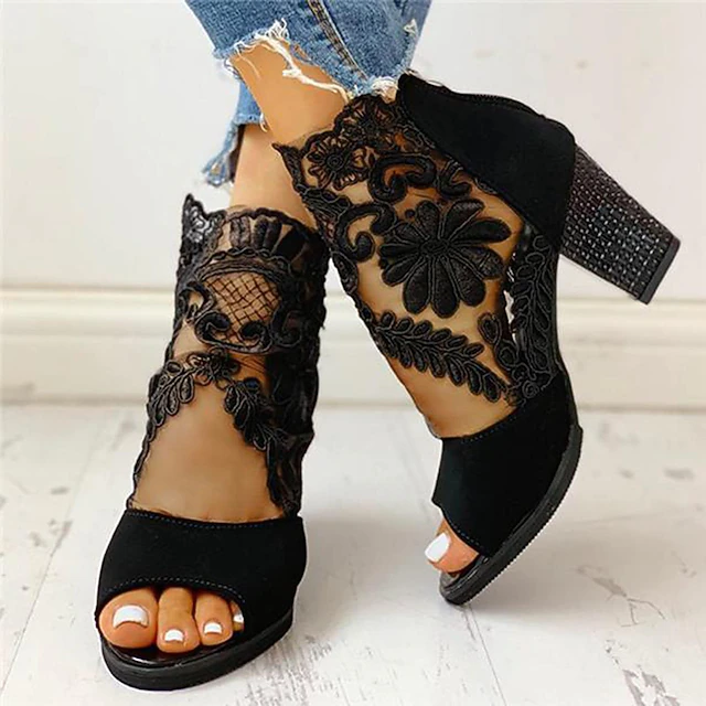 Women's Black High Heel Sandals with Lace Details and Open Toe for Elegant and Formal Wear 8