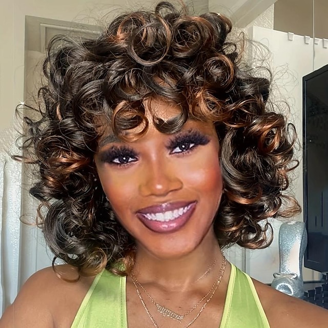  Perucas afro curtas encaracoladas com franja para mulheres peruca de cabelo encaracolado crespo 2 tons grande peruca encaracolada fofa e saltitante 12 polegadas