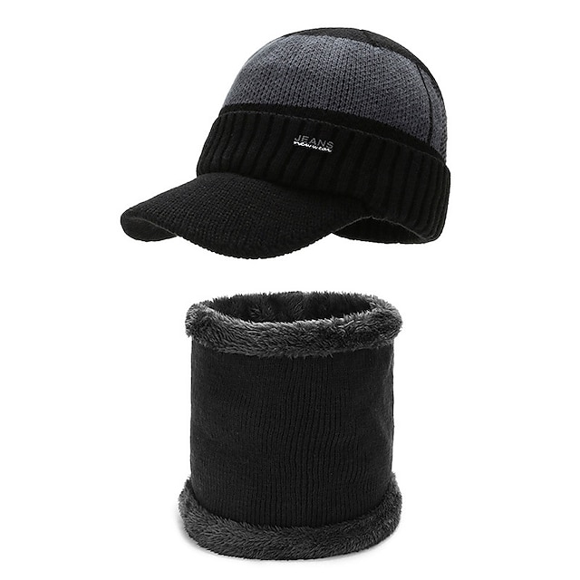  男性用 冬の帽子 ニット帽 ブラック ルビーレッド フリース スカーフ トラベル アウトドア バケーション 平織り 防風 ウォーム