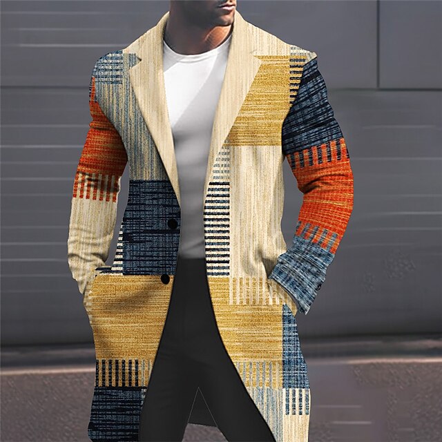 Men's Geometry Stripes and Plaid Winter Coat Overcoat Coat Warm Comfortable Breathable Business Casual Work Wear to work Going out Pocket Print Fall & Winter Turndown Long Sleeve Yellow Gray3