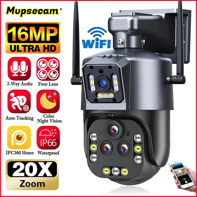  Caméra de surveillance ultra ip wifi 4k ptz, caméra de sécurité à quatre objectifs, zoom 20x ai, suivi automatique, vidéo de vidéosurveillance ipc360
