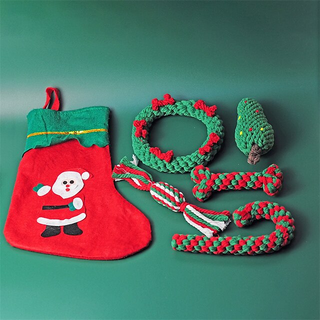  Jouet de noël en corde de coton pour animaux de compagnie, béquille, nettoyage des dents, jouet de dentition pour chien, corde résistante aux morsures, nœud, ensemble de jouets pour chiens