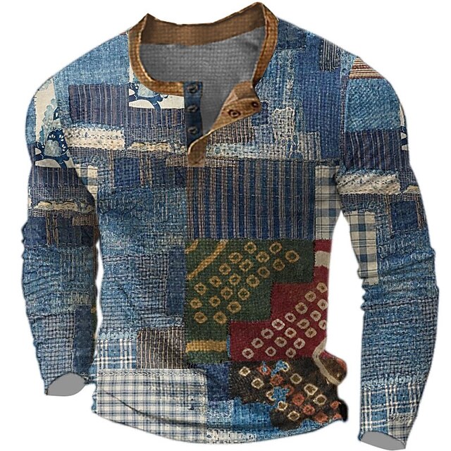 Men's Graphic Geometic Henley Shirt Waffle T Shirt Long Sleeve 3D Print Designer Retro Vintage Ethnic Sports Outdoor Holiday Festival Spring & Fall Blue Purple Brown Gray Henley Henley T-Shirt 5