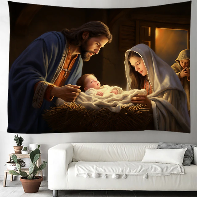 Christmas Decorations Nativity Scene Jesus Hanging Tapestry Wall Art Large Xmas Tapestry Mural Decor Photograph Backdrop Blanket Curtain Home Bedroom Living Room Decoration 8