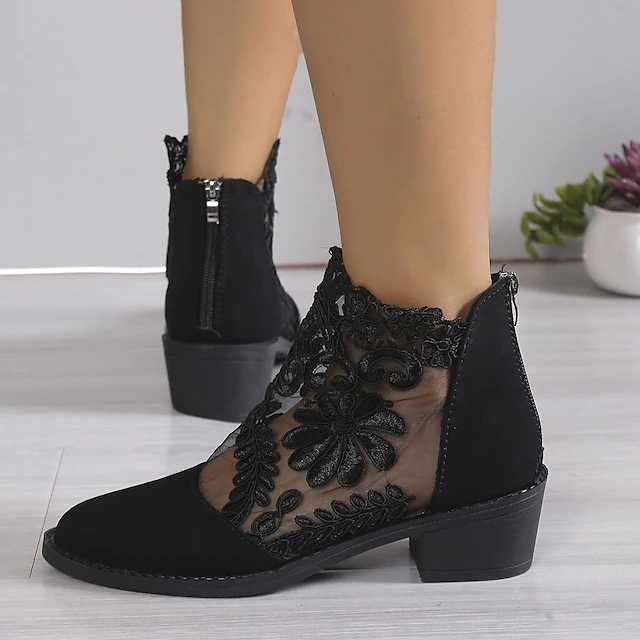 Women's Black Lace Ankle Boots with Floral Mesh Design and Low Block Heel - Elegant Footwear for Casual and Dressy Occasions 7