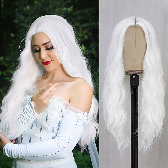  Pelucas blancas largas de pelo elegante para mujer, peluca ondulada larga y rizada blanca, peluca sintética de parte media, peluca blanca para cosplay diario de Halloween de 24 pulgadas