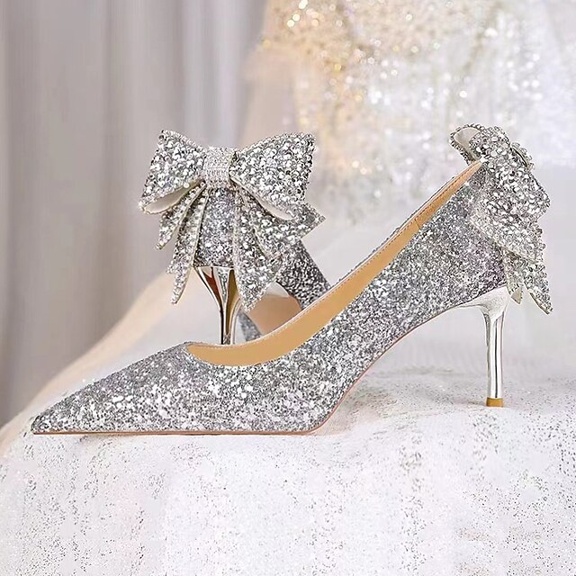 Women's Wedding Shoes Pointed Toe High Heel Stretch Glitter Luxurious Buckle Bridal Shoes
