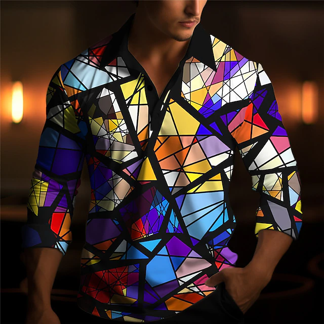 Men's Graphic Polo Shirts Golf Shirt Long Sleeve Polo Shirts Collared Shirts Casual Vacation Wear Rave Wear Party Outfits 3D Print Buttons Fall & Winter Dark Pink Blue3