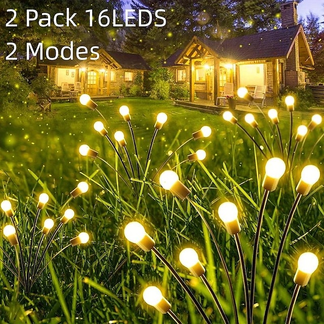  2 sztuki słonecznych świateł ogrodowych Firefly, 16 diod LED, słoneczne, kołyszące się na zewnątrz światła napędzane wiatrem, ciepłe, białe, wodoodporne, zasilane energią słoneczną, ogrodowe