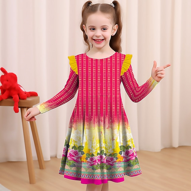  Girls' 3D Floral Ruffle Dress Long Sleeve 3D Print Fall Winter Sports & Outdoor Daily Holiday Cute Casual Beautiful Kids 3-12 Years Casual Dress A Line Dress Above Knee Polyester Regular Fit