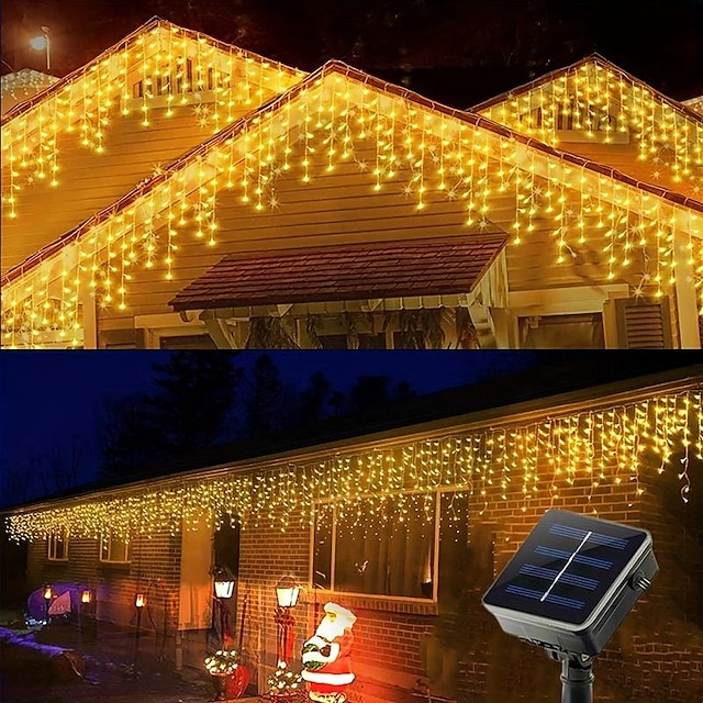  1 guirlande lumineuse LED solaire en forme de glaçon, guirlande lumineuse de Noël, rideau de fenêtre, pour fête de mariage, chambre à coucher, jardin, terrasse, extérieur, intérieur, 4 m/13 pieds, 96