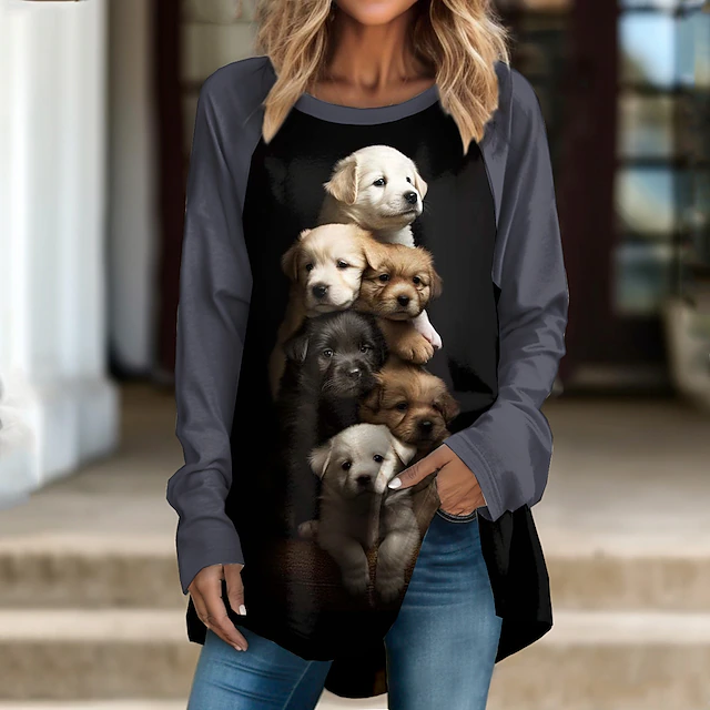 Women's T Shirt Dog Fashion Long Sleeve Round Neck Long Tops Daily Weekend Print Black Light Brown Brown Spring & Fall4