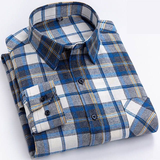  Per uomo Camicia Camicia casual Camicia a quadri Camicia con Bottoni Quadri All'aperto Abbigliamento quotidiano Giallo Blu reale Blu Azzurro cielo Manica Lunga Bavero Autunno & Inverno Abbigliamento