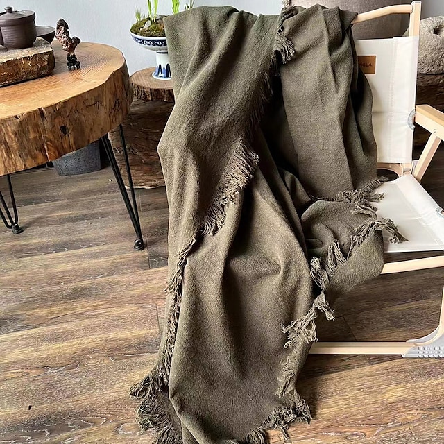  Linen Throw Blanket with Fringe for Couch/Bed/Sofa/Gift, Natural Washed Flax Solid Color Soft Breathable Cozy Farmhouse Boho Home Décor