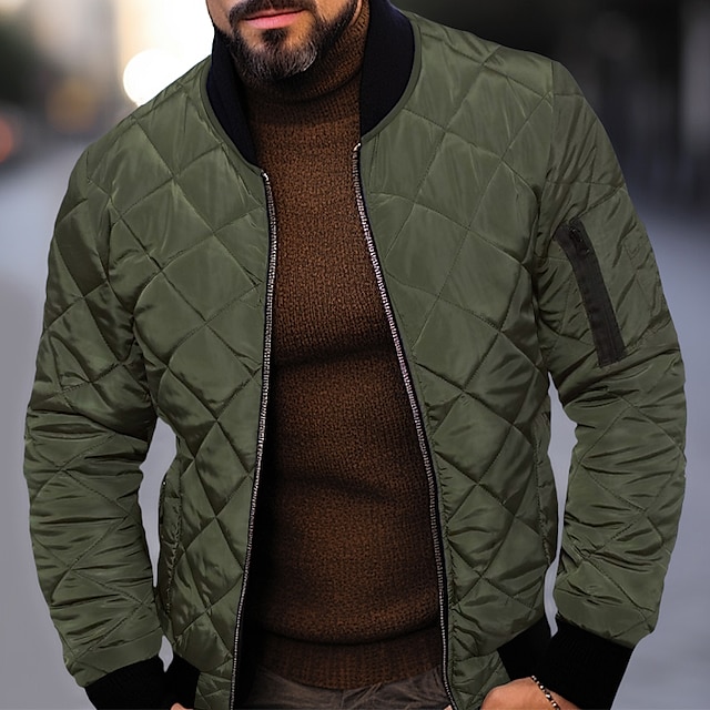  Men's Winter Jacket Quilted Jacket Outdoor Daily Wear Warm Pocket Fall Winter Plain Fashion Streetwear Standing Collar Regular Black Wine Blue Red & White Army Green Jacket