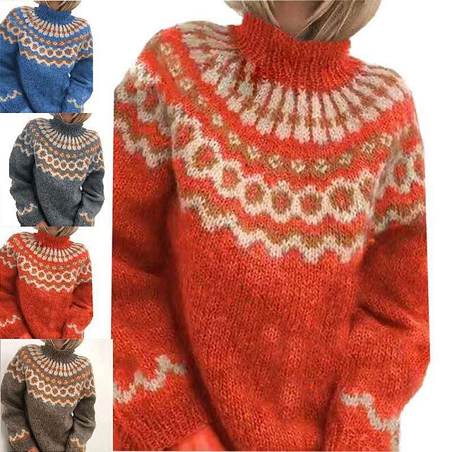 Women's Sweater Pullover Jumper Knitted Print Geometric Stylish Basic Casual Long Sleeve Regular Fit Sweate Turtleneck Fall Winter Blue Gray Khaki / Holiday 11