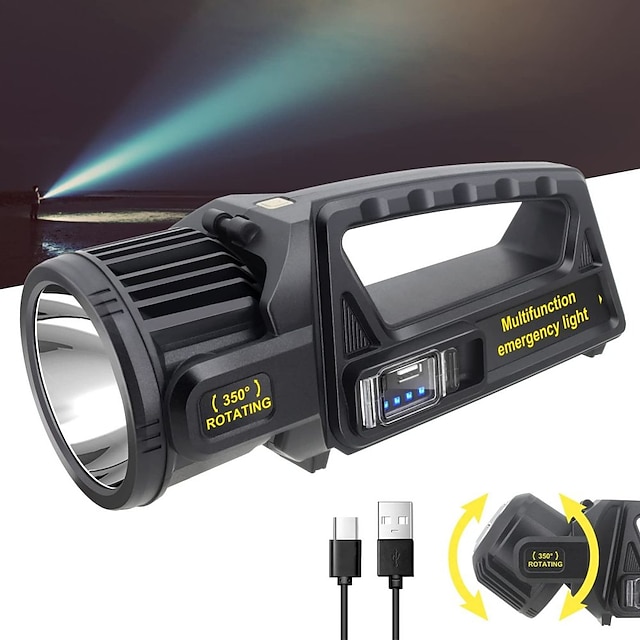  Lampe de poche LED rechargeable avec tête rotative à 350 °, projecteur à haute luminosité, 9 modes, spots super lumineux, portable pour l'extérieur.