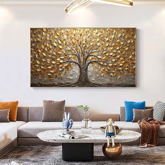  Pintura al óleo hecha a mano, lienzo, arte de la pared, decoración original de árbol de hojas de oro, decoración del hogar con marco estirado sin pintura de marco interior
