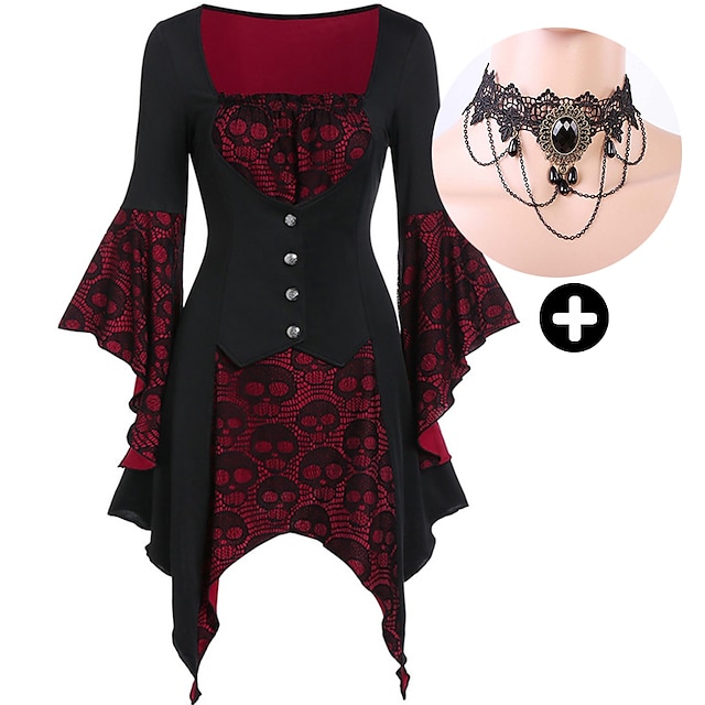  Conjuntos con blusa medieval con mangas acampanadas de encaje tatuaje gargantilla collar 2 piezas retro vintage punk estilo gótico brujas trajes mujer cosplay disfraz carnaval fiesta casual diario